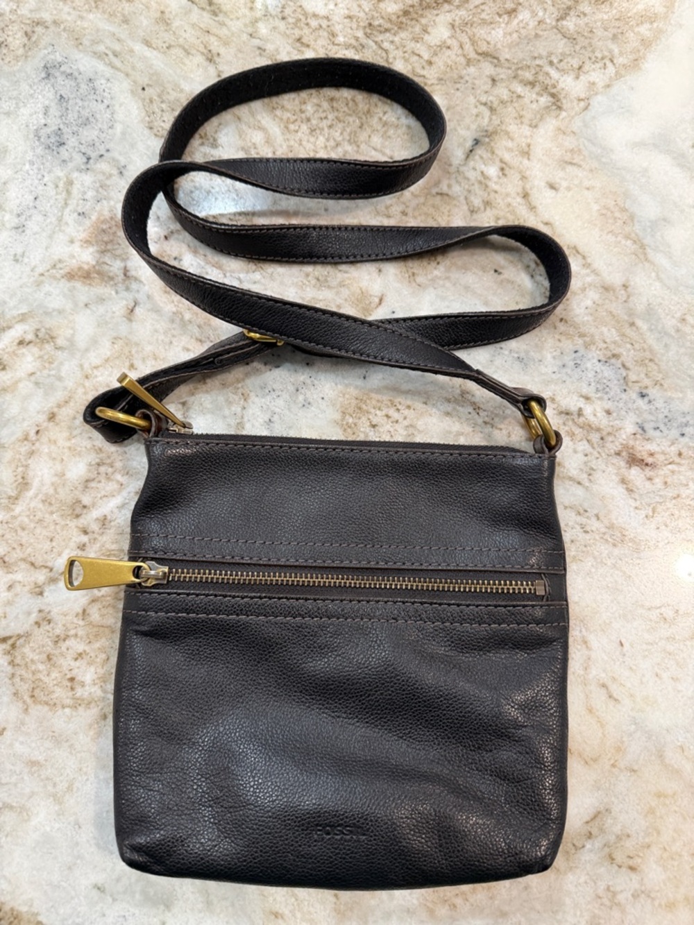 Fossil Black Leather Crossbody Bag with Brass Hardware